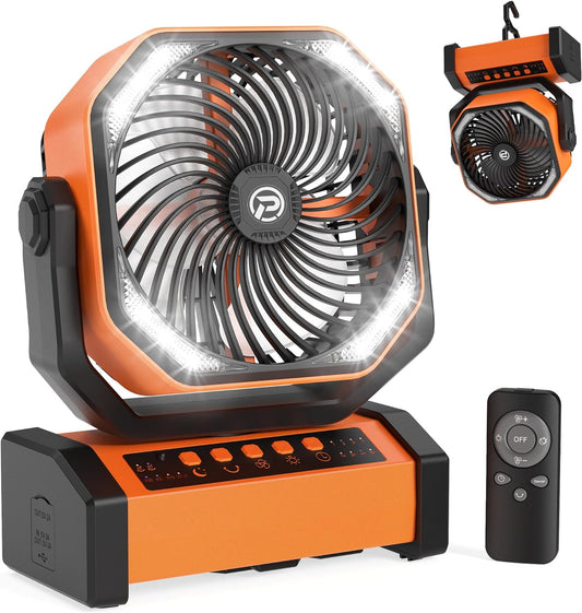 PANERGY D12 Portable Camping Fan with LED Lantern, 20000mAh Rechargeable Battery Operated USB Fan, Auto-Oscillating Desk Fan with Remote, 4 Speeds 4 Timers Tent Fan for Jobsite, Power Outage, Hurricane